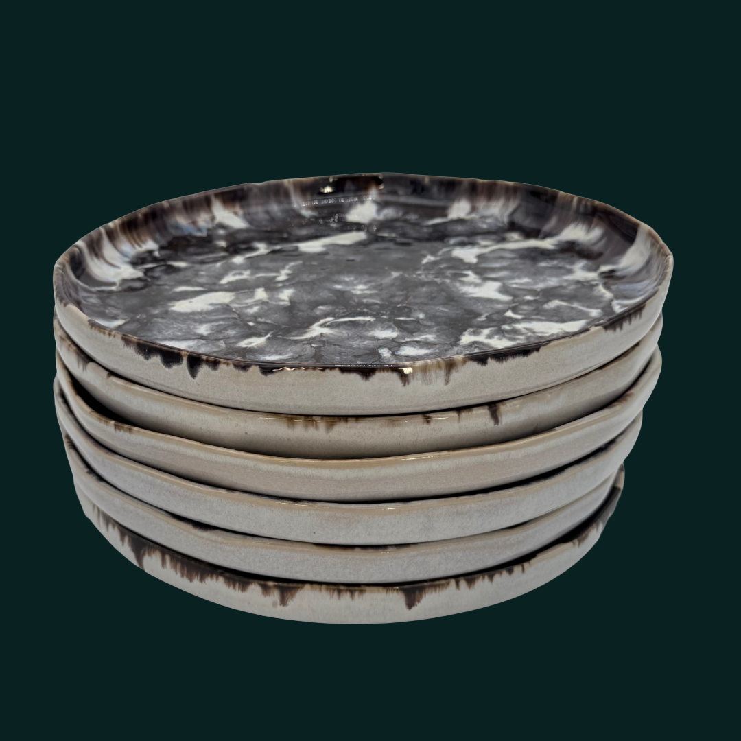 6-er Set Steingut Teller Karl- Kokette Mamorette - 28cm, handgemacht & feuerfest