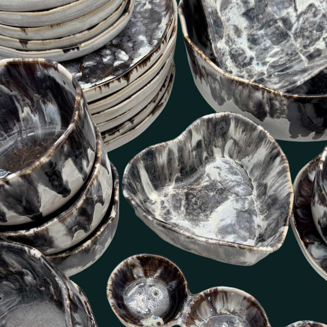 4-er Set Steingut Teller Karl- Kokette Mamorette - 28cm, handgemacht & feuerfest