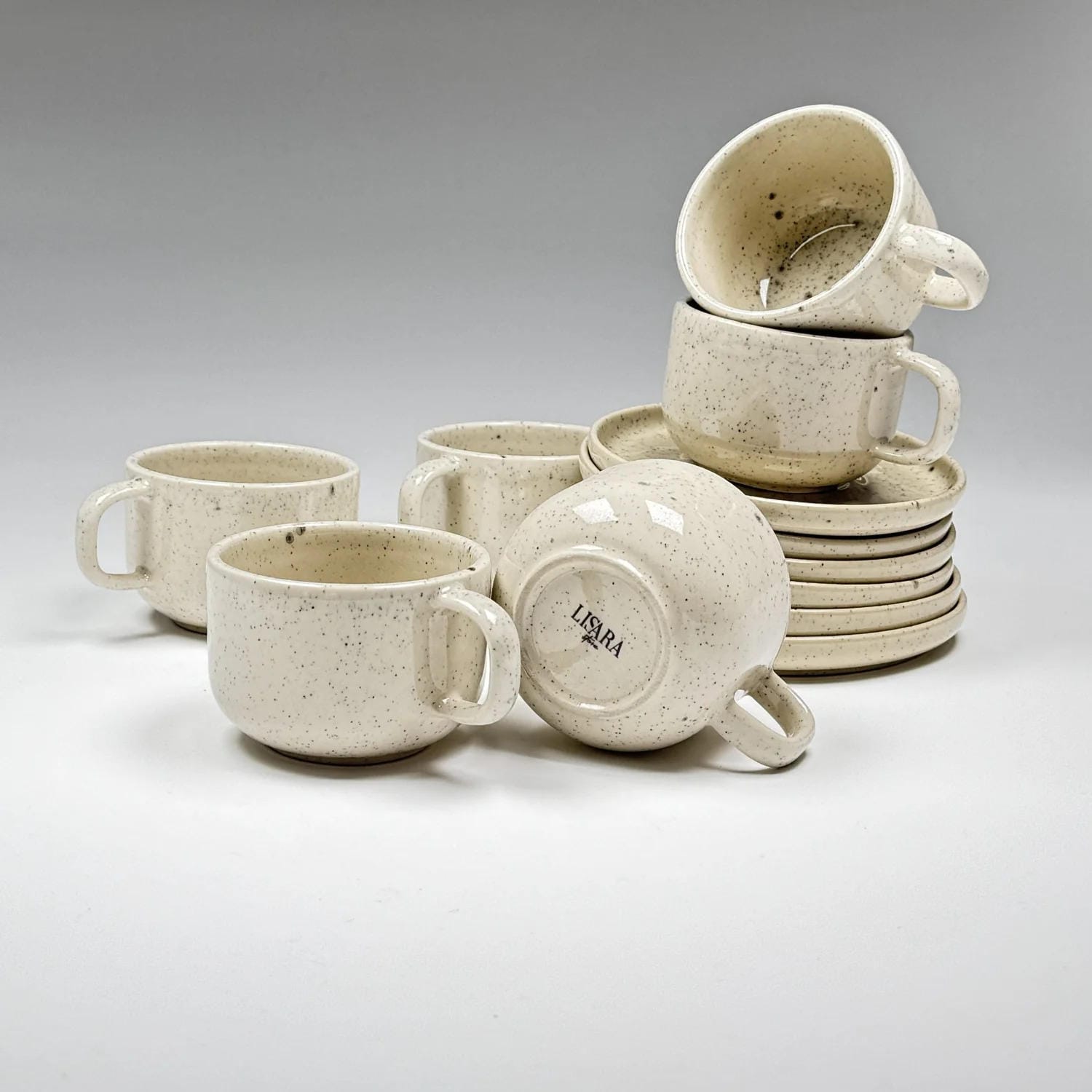 6-er Set Tasse + Teller Emma - creme gesprenkelt