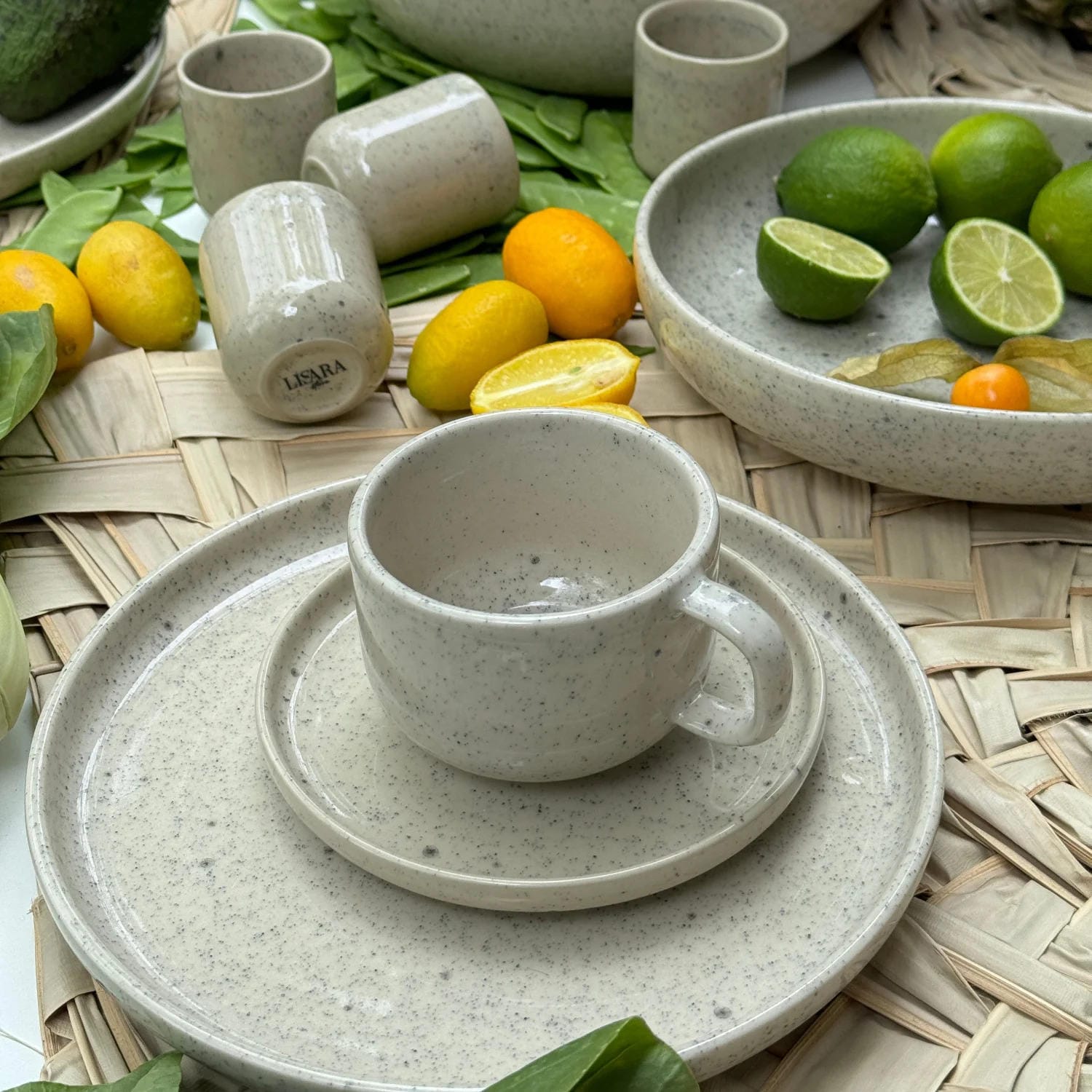 6-er Set Tasse + Teller Emma - creme gesprenkelt