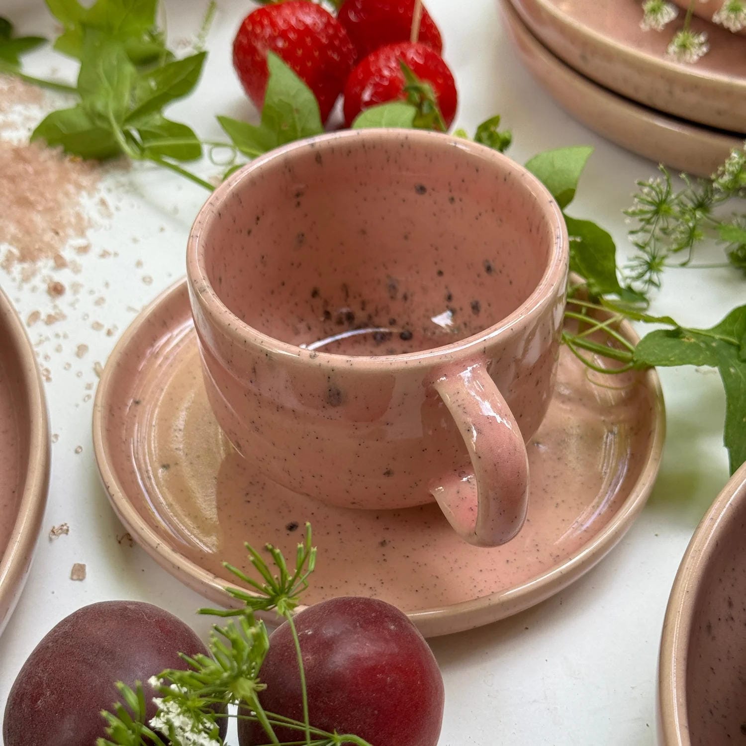 Set Tasse + Teller Emma - rosa gesprenkelt