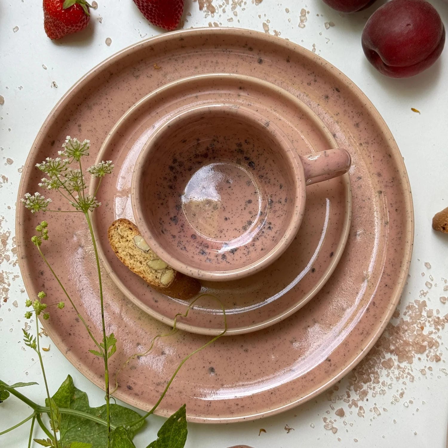 Set Tasse + Teller Emma - rosa gesprenkelt