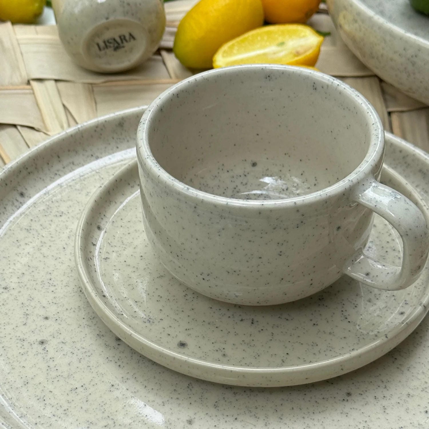 6-er Set Tasse + Teller Emma - creme gesprenkelt