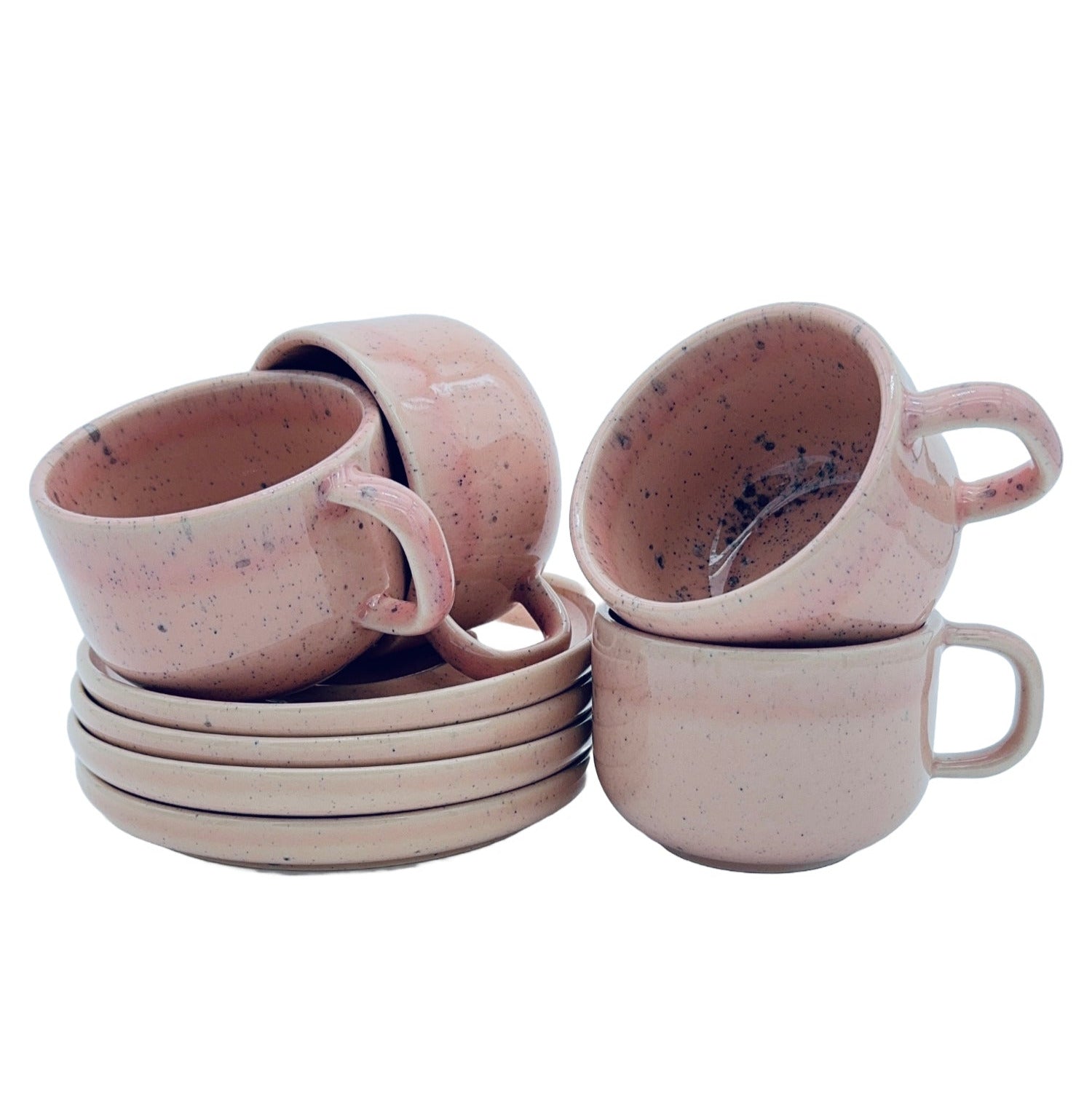 4-er Set Tasse + Teller Emma - rosa gesprenkelt