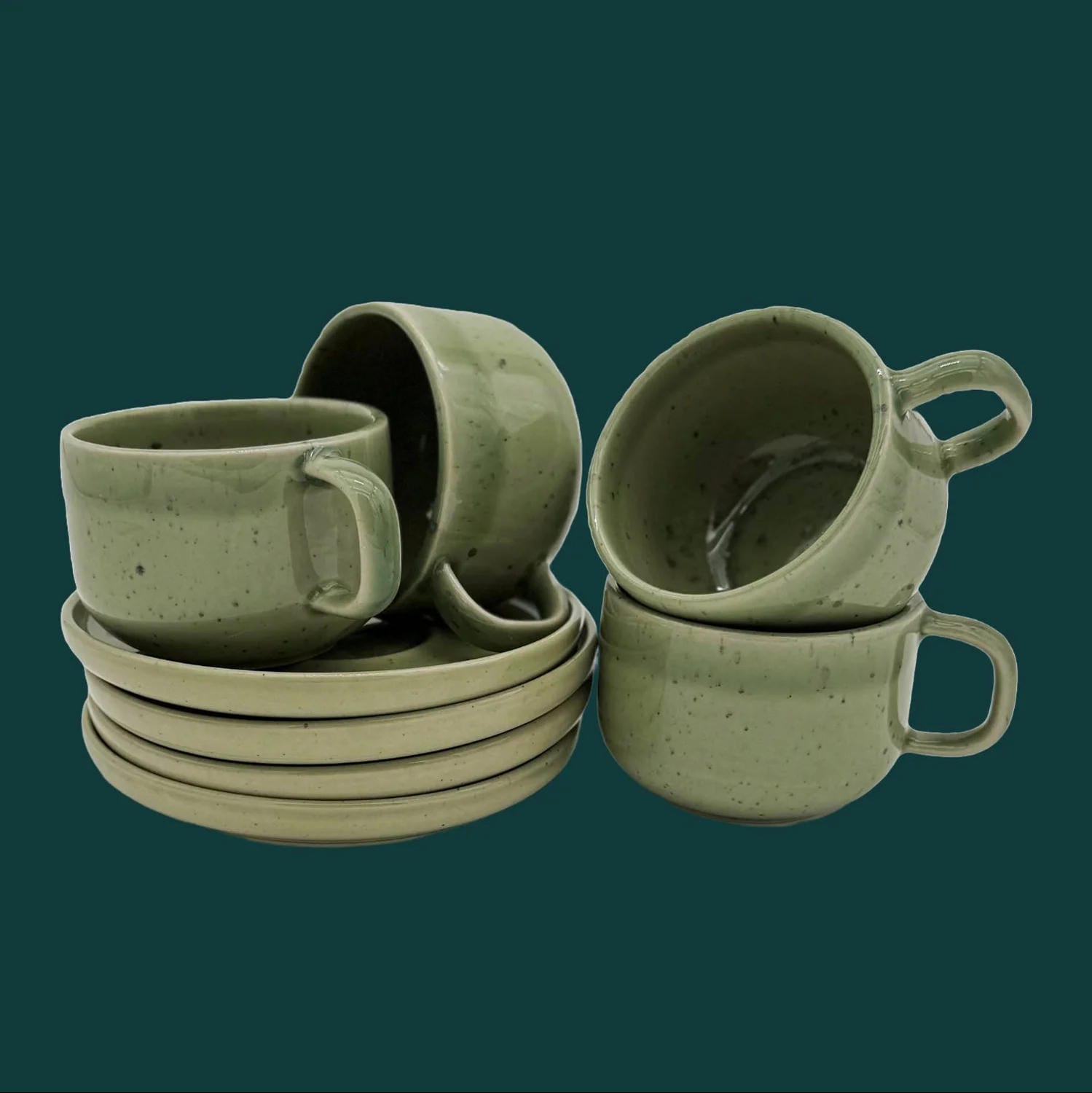 4-er Set Tasse + Teller Emma - grün gesprenkelt