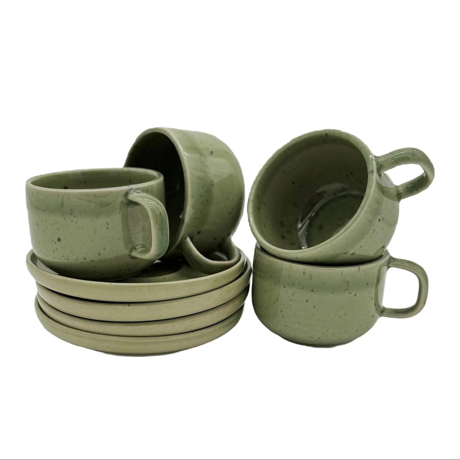 4-er Set Tasse + Teller Emma - grün gesprenkelt