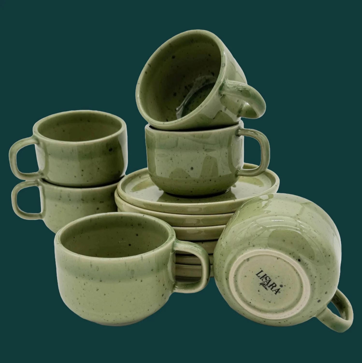 6-er Set Tasse + Teller Emma - grün gesprenkelt