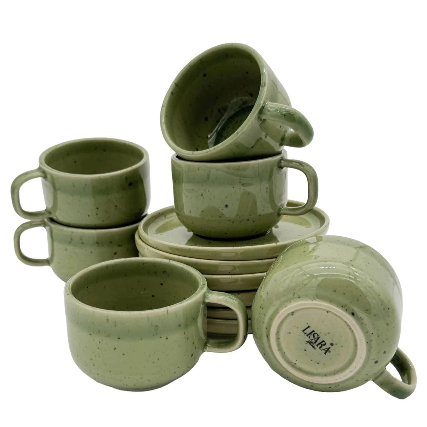 6-er Set Tasse + Teller Emma - grün gesprenkelt