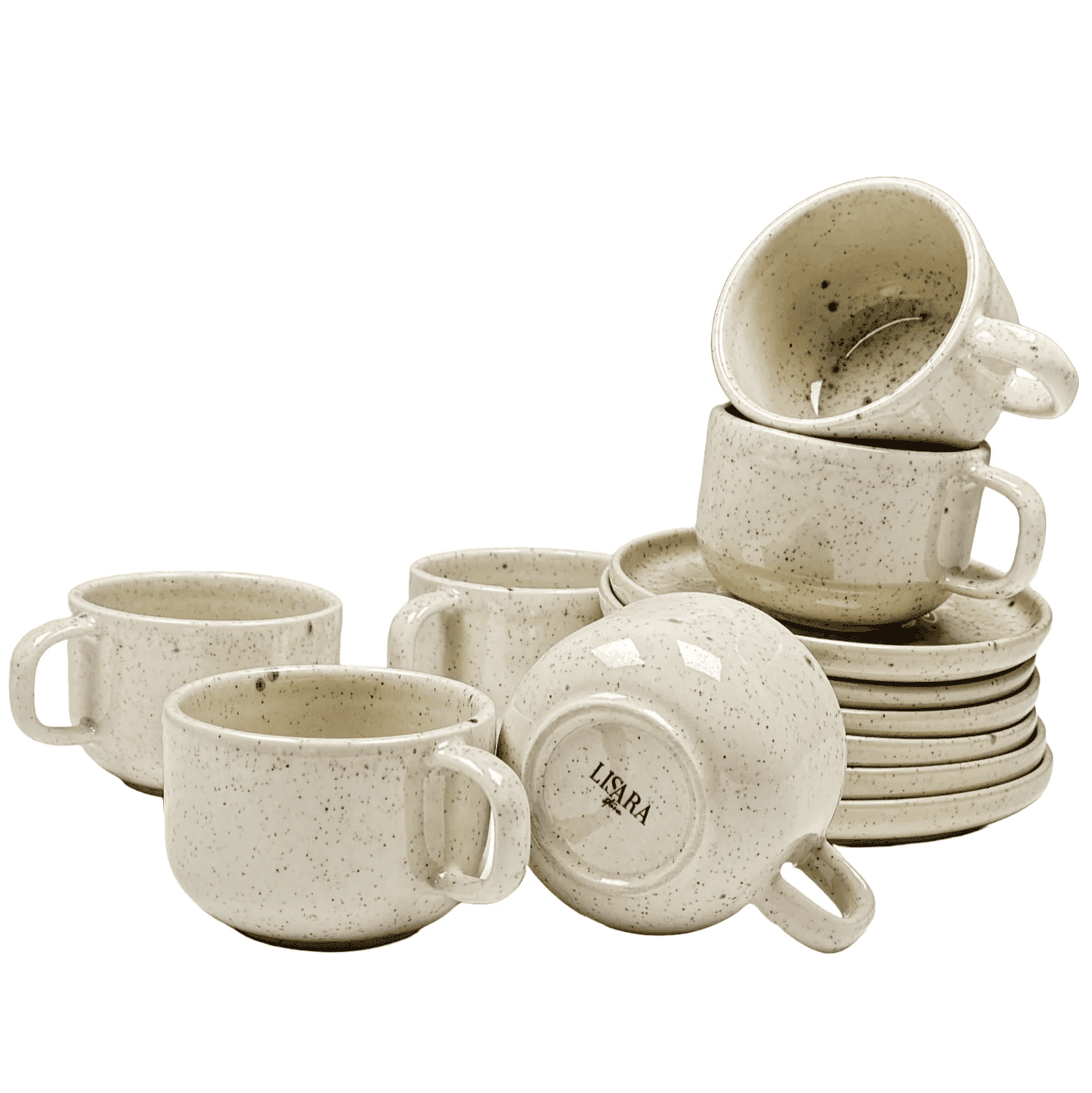 6-er Set Tasse + Teller Emma - creme gesprenkelt