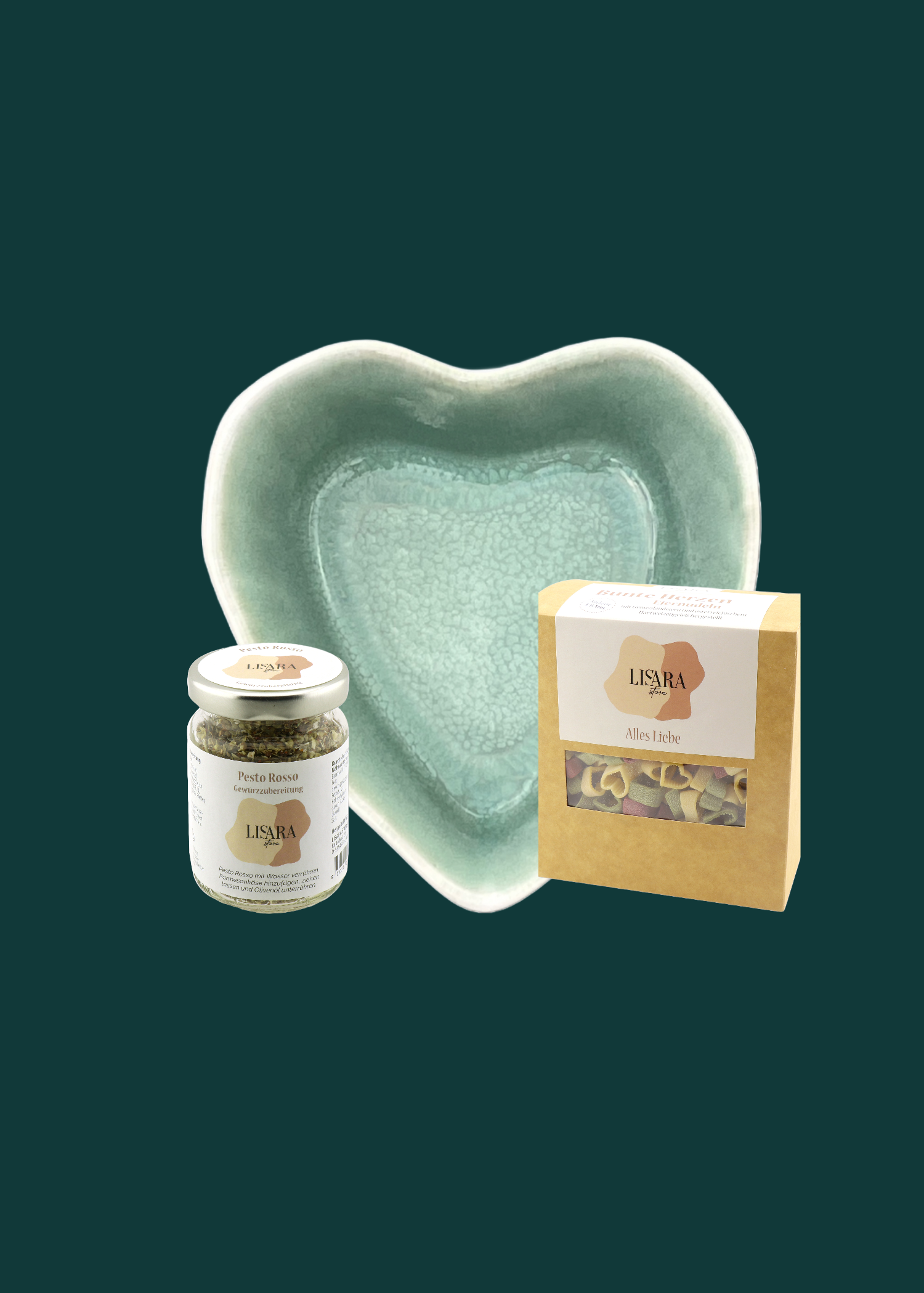 Herzschüssel kleine Liebe - Immergrün mit Herznudeln und Pesto Rosso