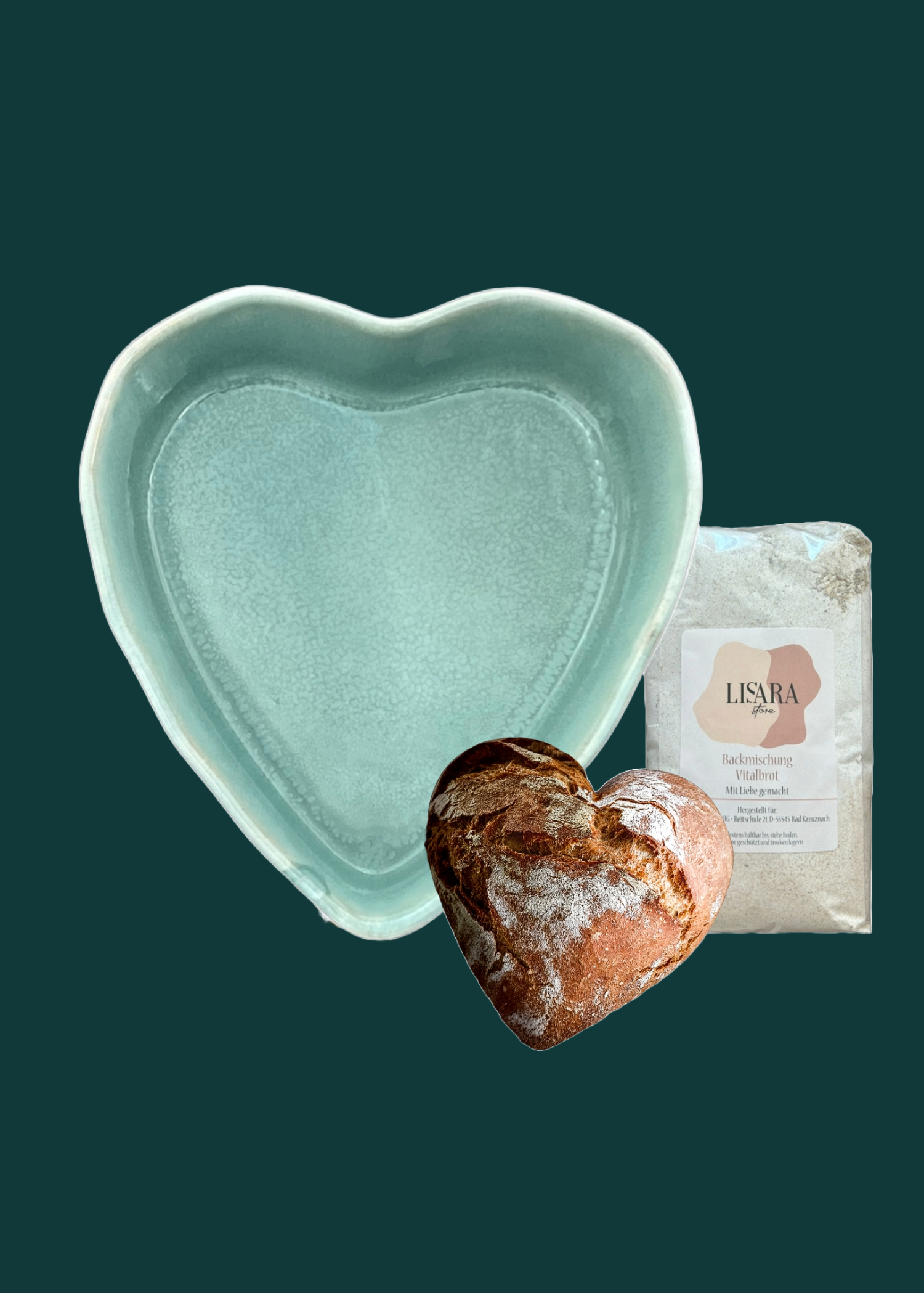 Herzschüssel große Liebe - Immergrün mit Backmischung Lisara Vitalbrot