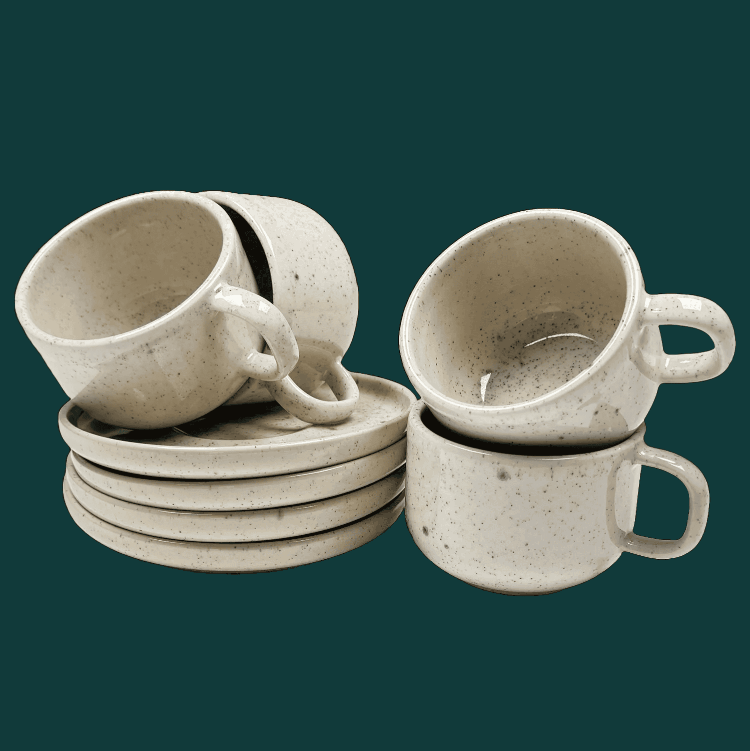 4-er Set Tasse + Teller Emma - creme gesprenkelt
