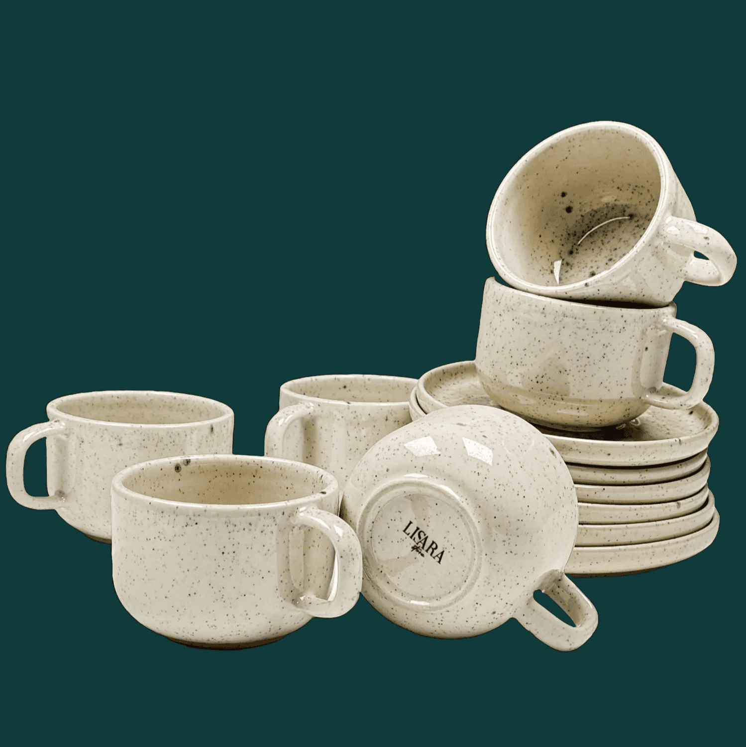 6-er Set Tasse + Teller Emma - creme gesprenkelt