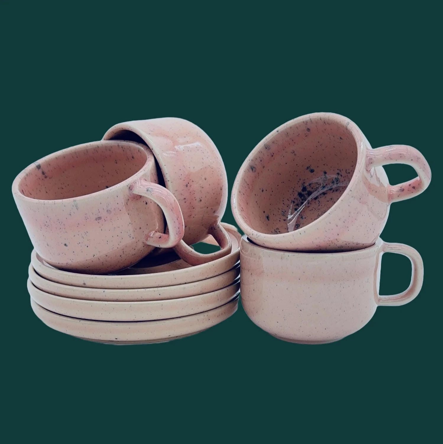 4-er Set Tasse + Teller Emma - rosa gesprenkelt
