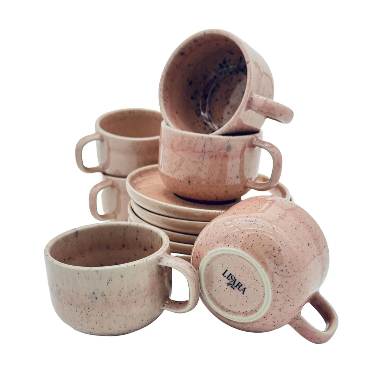 6-er Set Tasse + Teller Emma - rosa gesprenkelt