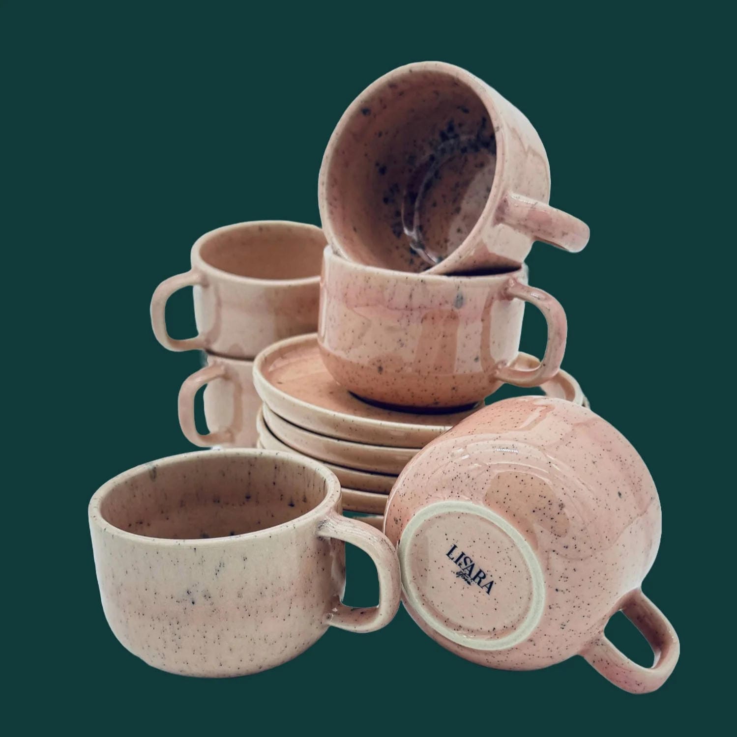 6-er Set Tasse + Teller Emma - rosa gesprenkelt